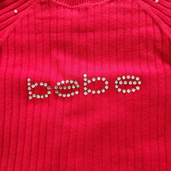 Bebe Red Rhinestone Logo Faux Pearl Embellished Long Sleeve Shirt - Picture 4 of 8